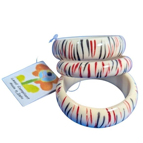 Anika Collection Resin Bangles With Red & Black Stripes set of 3 New bracelet - Picture 1 of 4